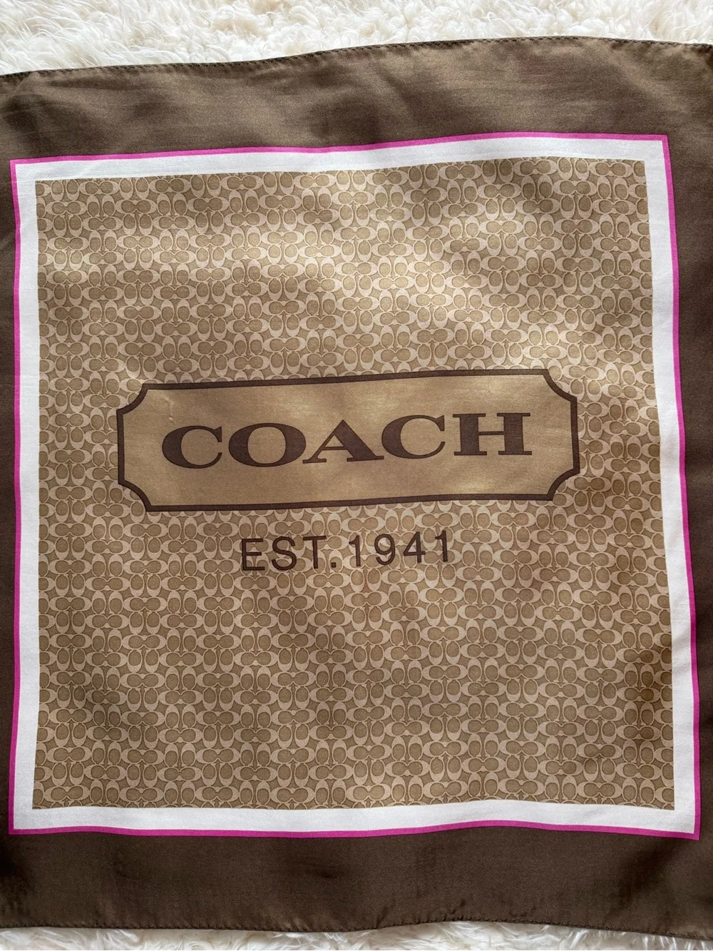 Coach Brown and Pink Logo Silk Square Scarf